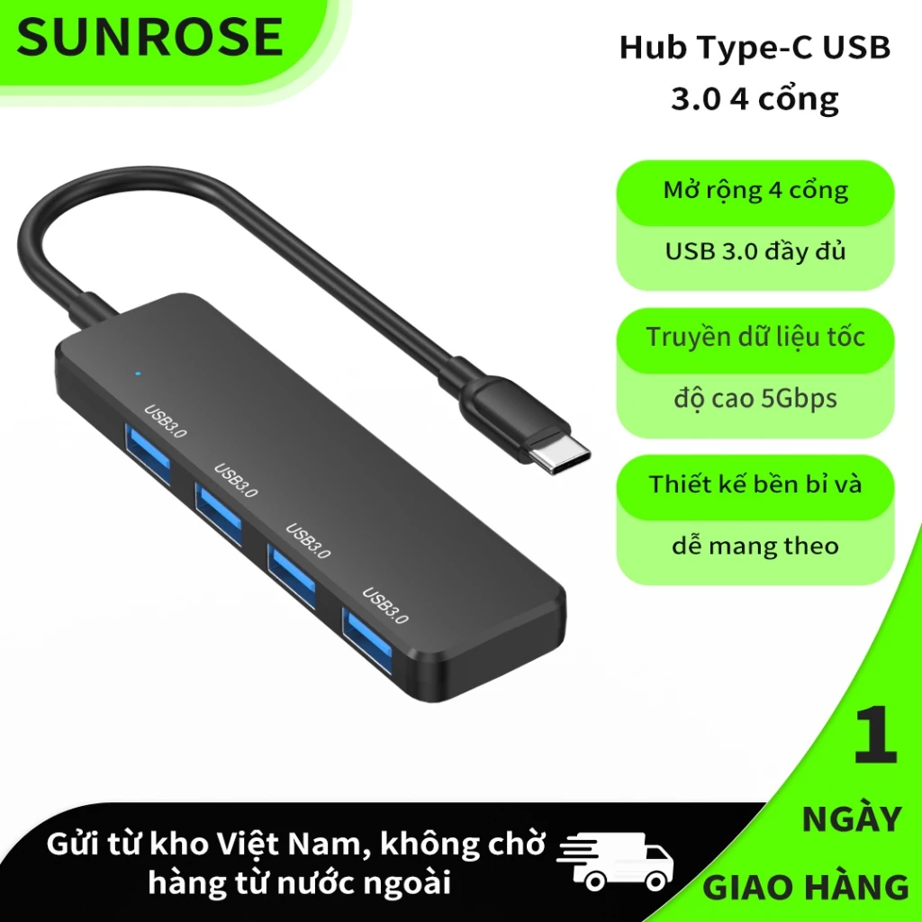 SUNROSE 4 cổng USB 3.0 Type-C Hub 5Gbps Truyền siêu tốc | 4 cổng Sử dụng đồng thời Kích thước bỏ túi nhỏ gọn Không có độ trễ chống mài mòn cho Windows / Mac / Linux