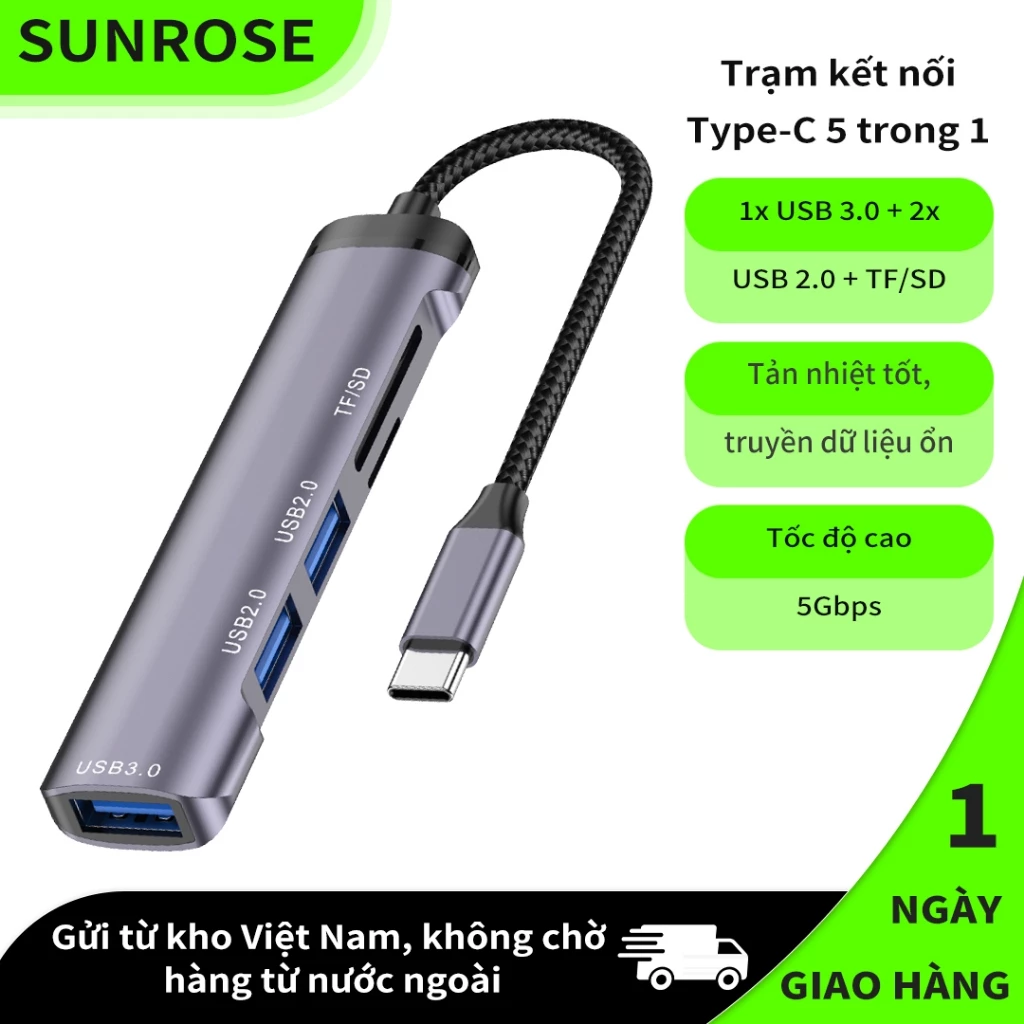 SUNROSE Hub Type-C 5 Trong 1, Bộ Chuyển Đổi USB-C 5Gbps, USB 3.0 + 2 USB 2.0 + Đọc Thẻ SD/TF, Vỏ Nhôm Cho Laptop MacBook Windows