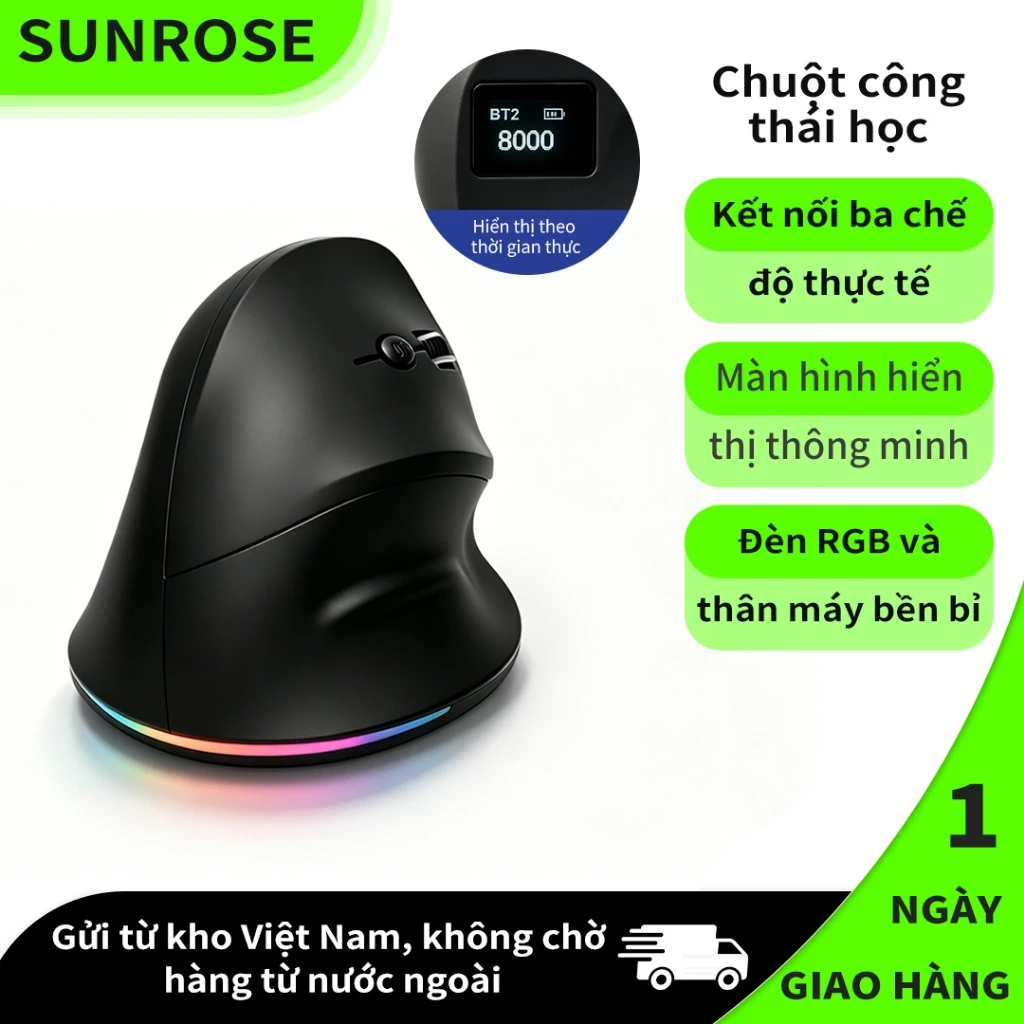 SUNROSE Chuột dọc tiện dụng, Tri-Mode (Có dây, 2.4G, Bluetooth), Bấm im lặng, Màn hình nguồn, Đèn nền RGB – Giảm đau cổ tay cho văn phòng & chơi game