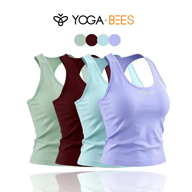 YOGA BEES Racerback Tích Hợp Đệm Thể Thao Xe Tăng Top Nữ Co Giãn Cao Yoga Thể Dục Áo Vest Không Tay