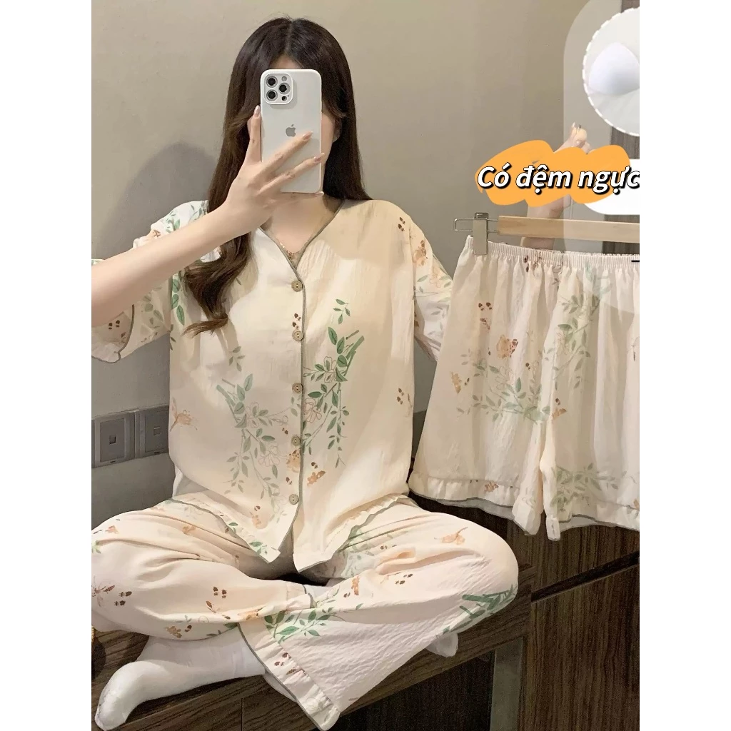 【Bộ 3 món cotton nguyên chất】Đồ ngủ mặc nhà mùa hè cho nữ - Áo sơ mi tay ngắn cổ ve + Quần đùi + Quần dài - Chất liệu cao cấp, mềm mại, thoáng khí, chống ẩm - Thời trang tiện lợi