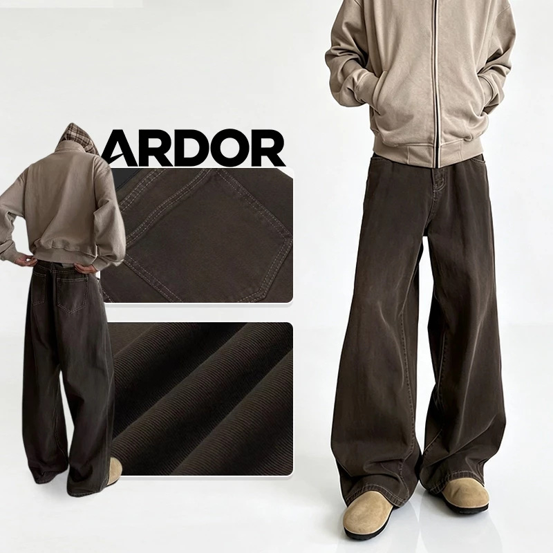 ARDOR Quần jean Nam ống suông rộng,Nâu xám dáng baggy quần bò unisex,Quần ống đứng thời trang chất Demin dày dặn cao cấp Hàn Quốc Phong Cách