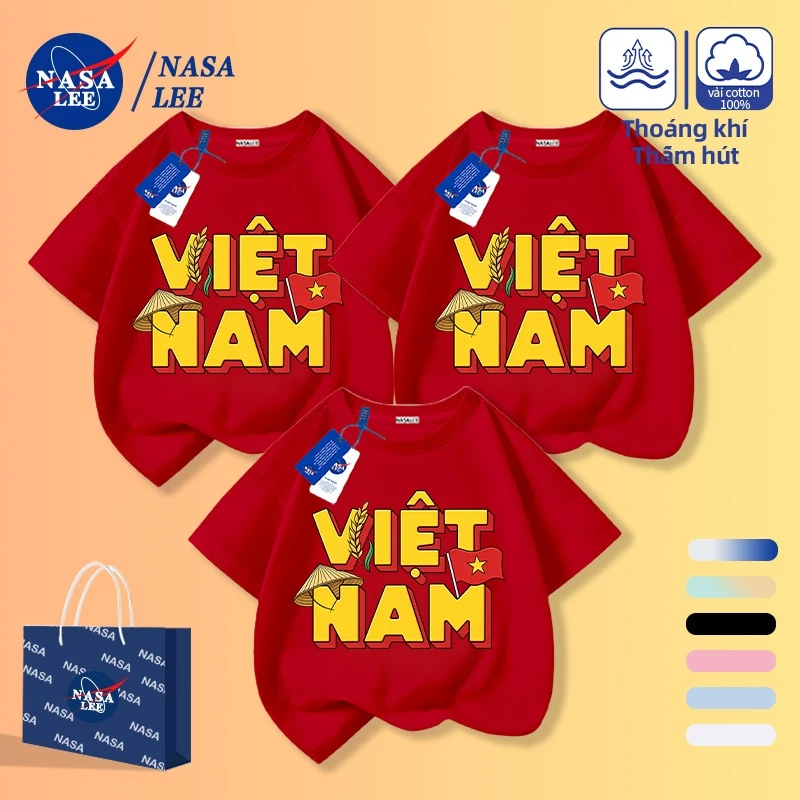[Giao hàng trong ngày] Áo phông chữ màu đỏ Việt Nam có họa tiết Cotton ngắn tay dành cho cha mẹ và con cái Áo thun nửa tay cho trẻ em Gia đình Ba gia đình cùng phong cách Trang phục trẻ em