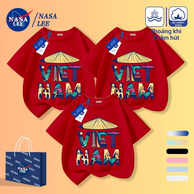 [Giao hàng trong ngày] Red Vietnam Landmark Hat In chữ Cotton ngắn tay dành cho cha mẹ và con cái Áo thun nửa tay cho trẻ em Họ Ba F