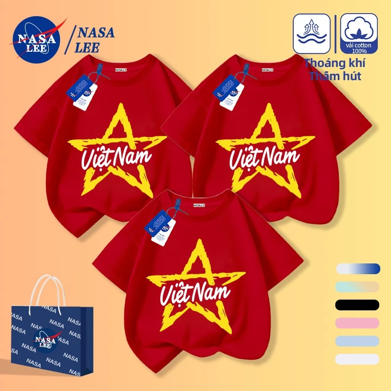 [Giao hàng trong ngày] Chữ đỏ Việt Nam năm cánh họa tiết ngôi sao Cotton ngắn tay dành cho cha mẹ và con cái Mặc áo thun nửa tay cho trẻ em F