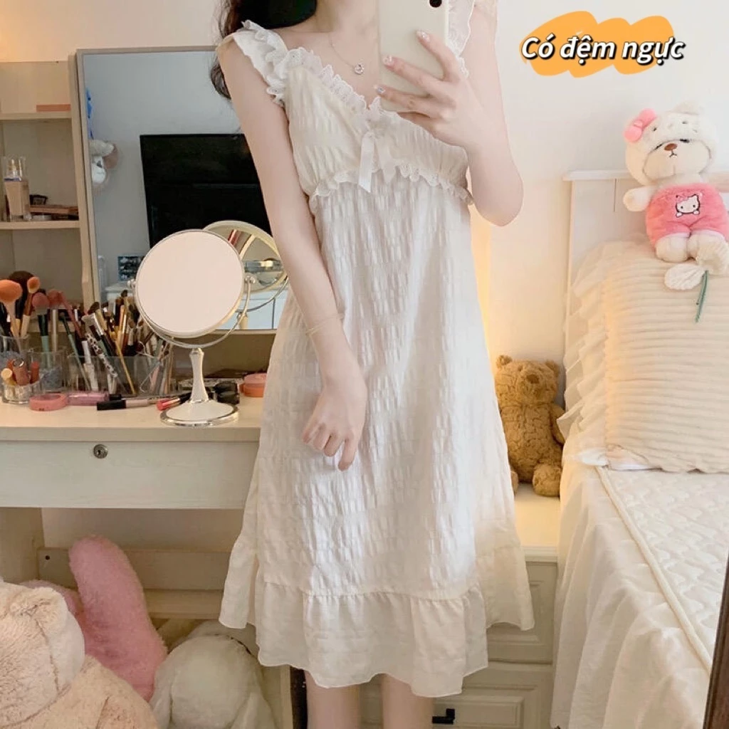 [Cotton Nguyên Chất Có Miếng Lót Ngực] Mùa Hè Phong Cách Mới Ngọt Ngào Ren Sinh Viên Dây Đeo Vai Rộng Váy Ngủ Dài Nhà-Hot Sale