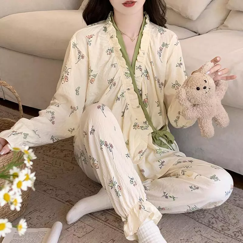Bộ đồ ngủ mùa thu mới nhất - Cotton nguyên chất - Phong cách Nhật Bản với dây buộc và viền ren ngọt ngào - Áo tay dài + quần dài - Mẫu hot bán chạy - Free ship ✅ Giao hàng trong ngày