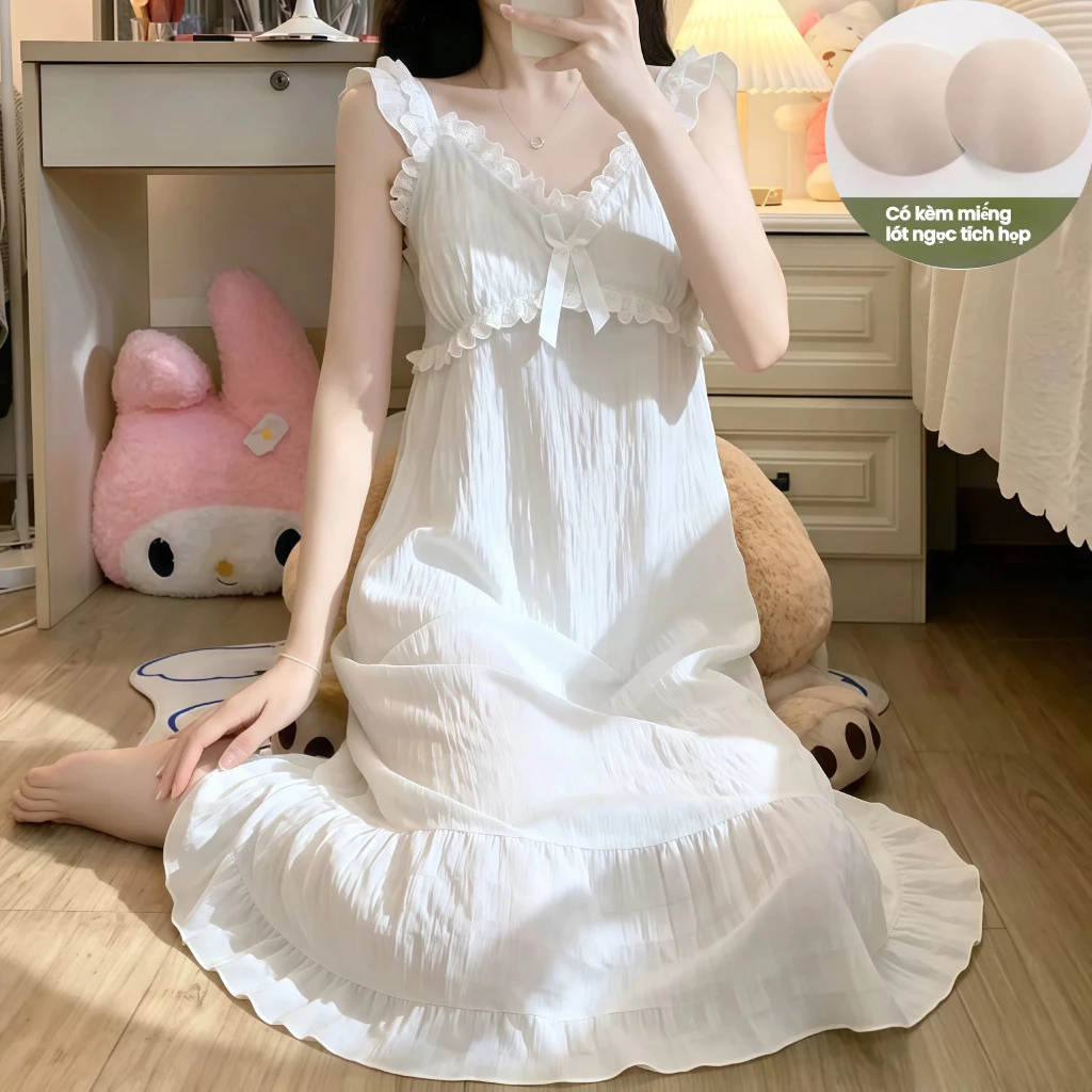 Đầm ngủ dây quai phong cách công chúa ngọt ngào cho nữ – Mỏng nhẹ mùa hè – Chất Cloud Cotton mềm mịn, có đệm ngực – Mẫu mới 2026 – Mặc nhà thoải mái