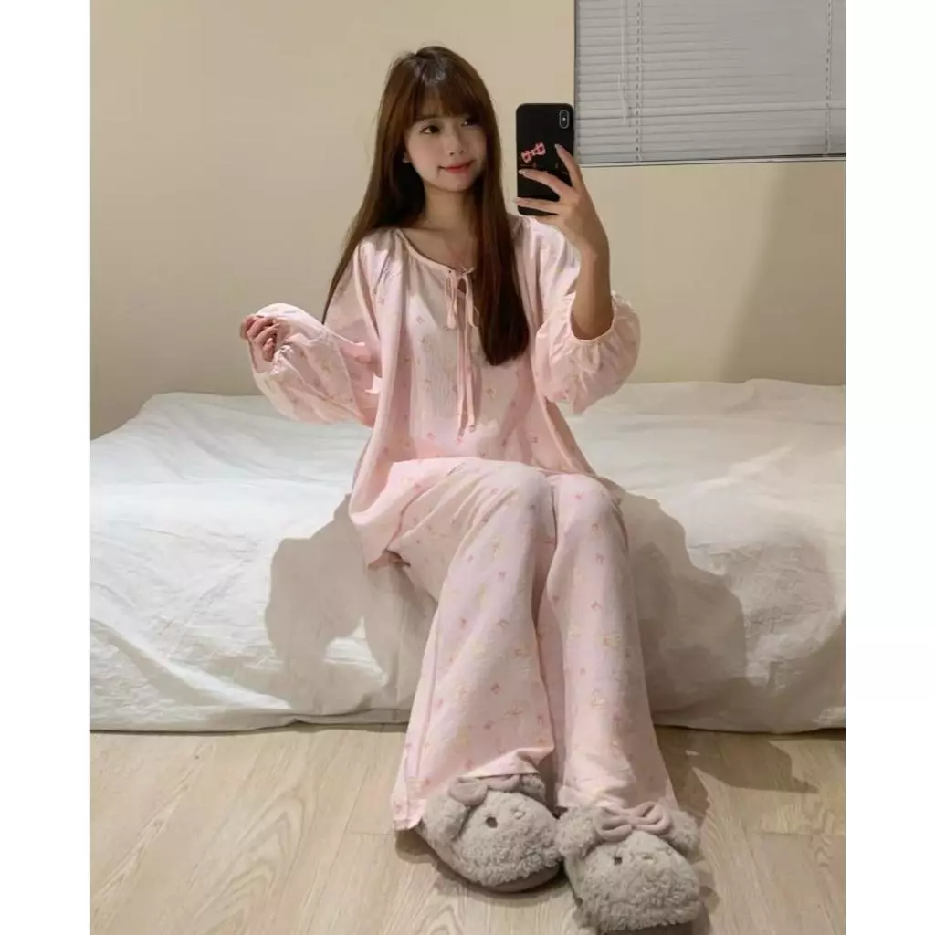2026 Phong Cách Mới Mỏng Phong Cách Dài Tay Quần Dài Tay Bộ Đồ Ngủ Cotton Nguyên Chất Bộ Đồ Ngủ Loungewear-Sweet St