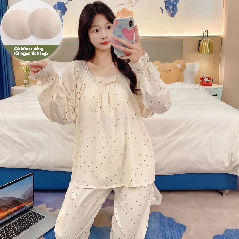 Bộ đồ ngủ Cloud Cotton in hoa, có đệm ngực – Phong cách công chúa ngọt ngào – Tay dài + quần dài – Mùa xuân thu – Mặc nhà dễ thương, thoải mái