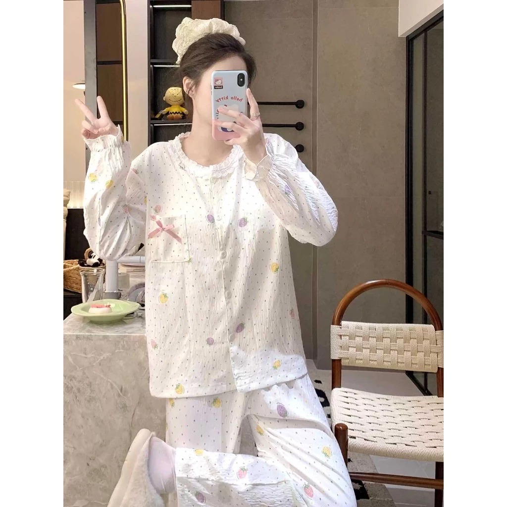 2026INS Phong Cách Mới Khuyến Nghị Chính Ngọt Ngào Chấm Bi Dâu Ren Dài Tay Bộ Đồ Ngủ Bộ Dịch Vụ Gia Đình-Bộ Đồ Ngủ Bé Gái Sinh Viên