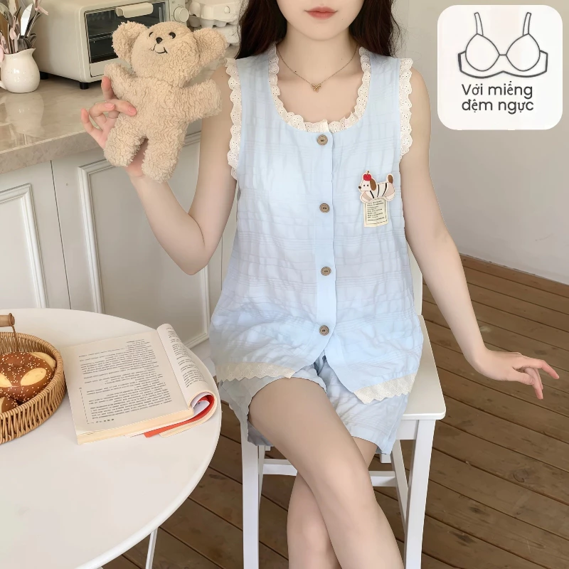 Bộ đồ ngủ có đệm ngực cho nữ – Mùa hè – In hình chó con dễ thương – Áo dây quai không tay, chất Cloud Cotton – Có thể mặc ở nhà hay đi chơi – Bộ mặc nhà thoải mái