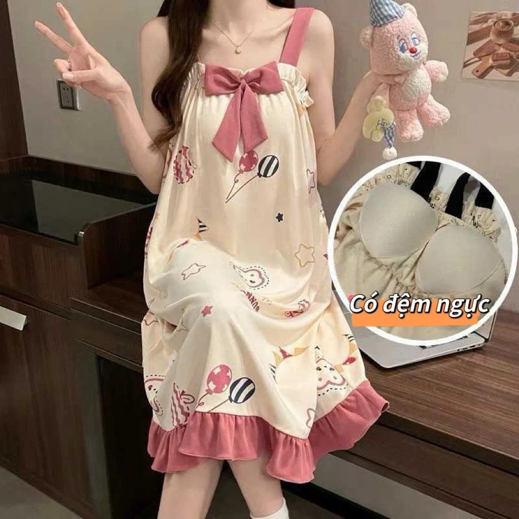 【CÓ ĐỆM NGỰC】Váy ngủ hai dây dáng dài - Thiết kế nơ trang trí CỰC LÃNG MẠN, phong cách ĐẦY DUYÊN DÁNG
