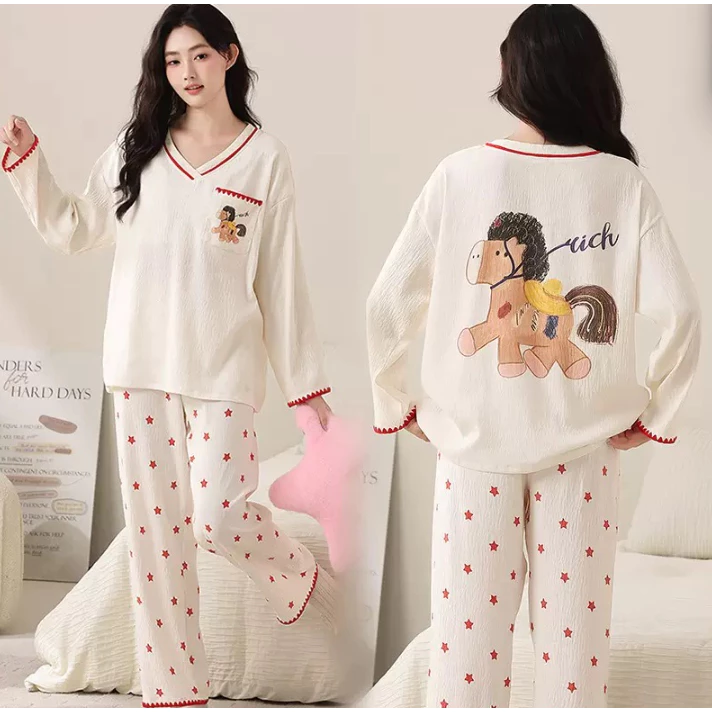 Bộ đồ ngủ tay dài mùa thu cho nữ – Chất cotton nguyên chất, in hình hoạt hình dễ thương – Phong cách trẻ trung – Có thể mặc ở nhà hoặc ra ngoài – Dành cho học sinh, sinh viên