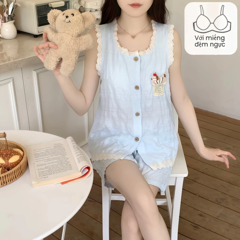 Bộ đồ ngủ mùa hè cho nữ – Áo ba lỗ không tay in hình hoạt hình – Có đệm ngực – Quần đùi mát mẻ – Thiết kế đáng yêu, năng động – Mặc ở nhà thoải mái, mặc dạo phố vẫn xinh