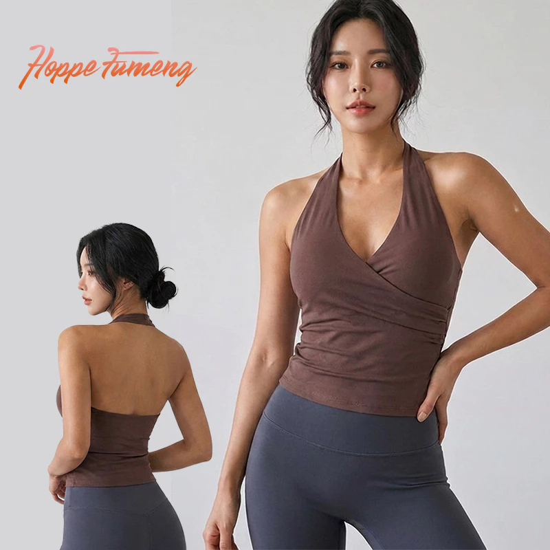 [Hoppe Fumeng] Áo tập Yoga (đệm ngực có thể tháo rời) Cổ chữ V treo khô nhanh màu trơn thể thao nữ ngoài trời