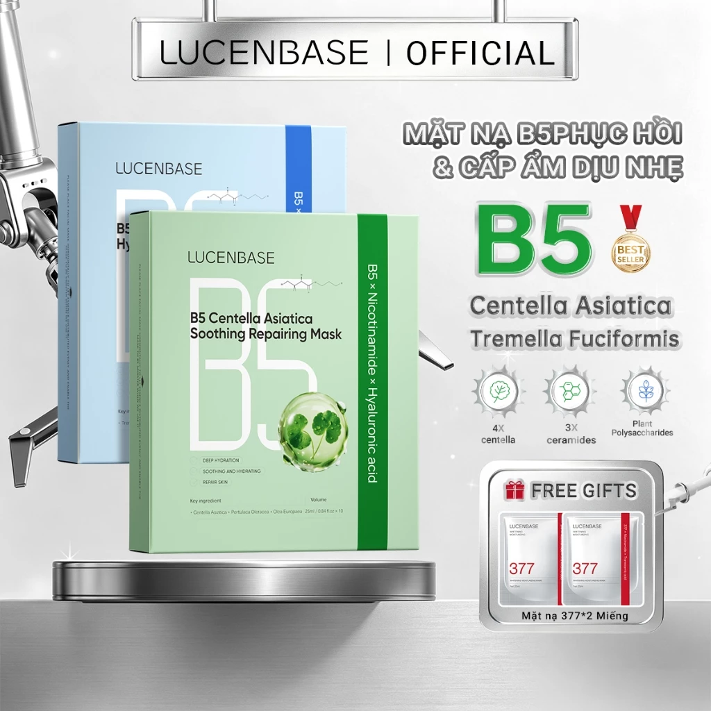 LUCENBASE Mặt Nạ B5 Nấm Tuyết Dưỡng Ẩm & Phục Hồi Da 25ml (Hộp 10 Miếng - Tặng 2 Miếng 377)