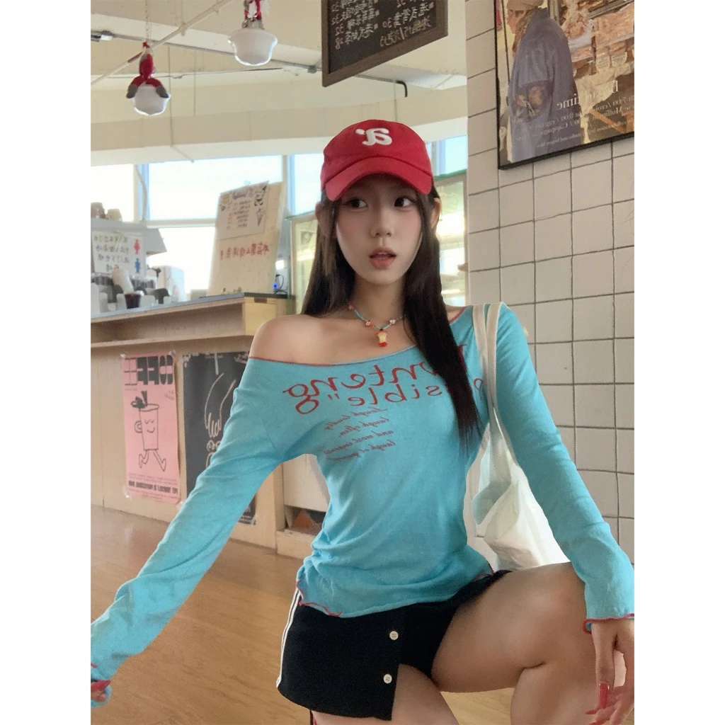 ViViApparel Nữ Mùa Hè Mỏng Phong Cách Mỹ Hot Girl In Chữ Áo Thun Dài Tay, Cotton Giặt Slim Fited Vai Top#26055
