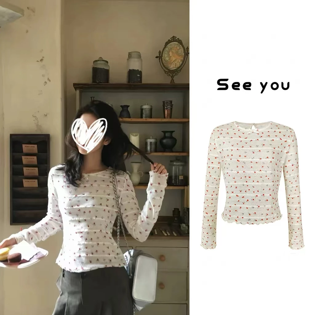 [Seeyou studio] Áo thun dài tay cổ tròn hoa đơn giản mùa thu mới về có viền xếp nếp, Áo thun dáng rộng đa năng thanh lịch dành cho nữ6611