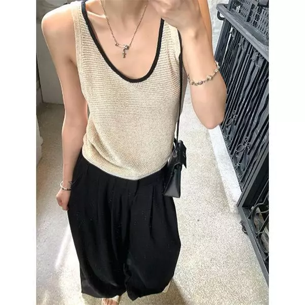 [Seeyou studio] Áo ba lỗ rỗng không tay cổ chữ U màu tương phản hơi thở nhẹ nhàng, áo đa năng mùa hè mới6022