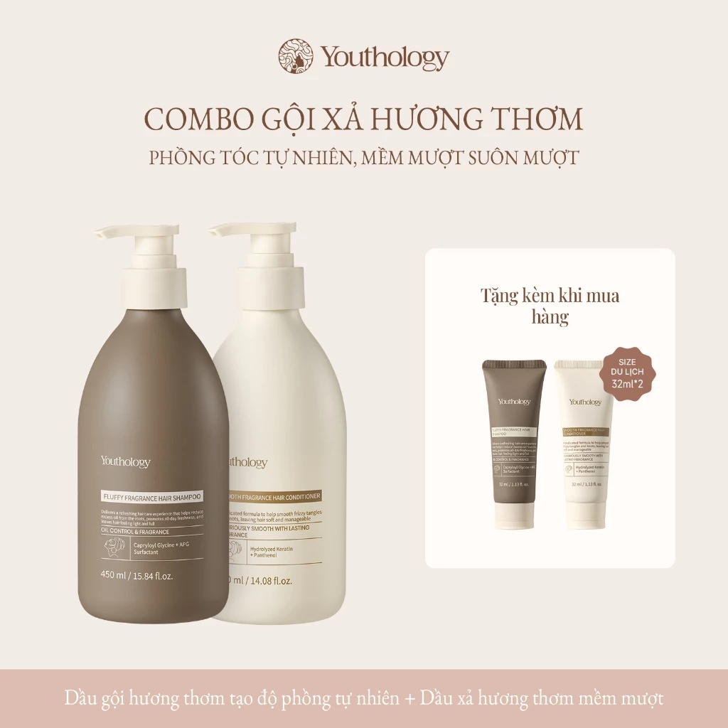 Youthology Bộ Dầu Gội Xả Hương Thơm Fluffy Fragrance 450ml+400ml Nuôi Dưỡng Tóc Mềm Mượt Suôn Bồng Bềnh Giảm Khô Xơ