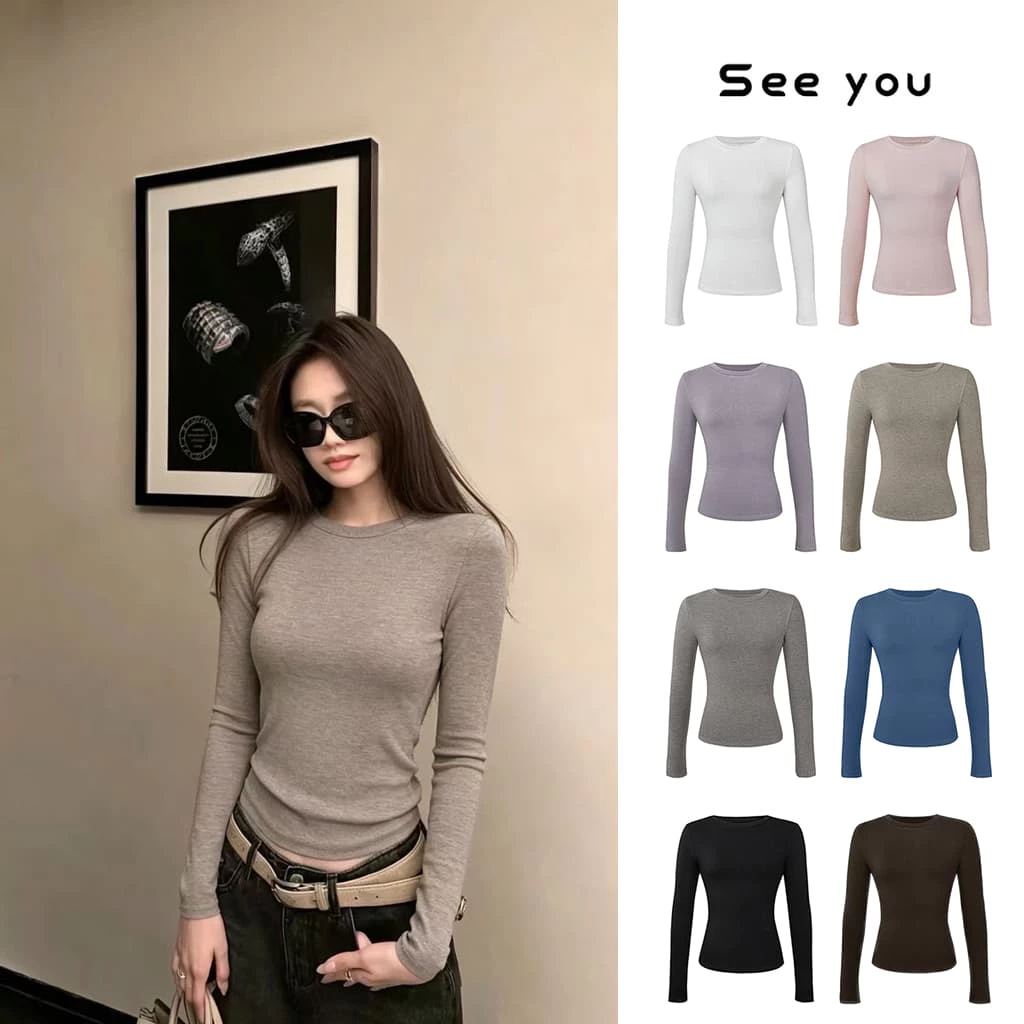 [Seeyou studio] Hàng mới về mùa thu đông màu trơn đơn giản Áo thun chui đầu tay đơn giản, Áo thun nữ dài tay cổ tròn thời trang 2548