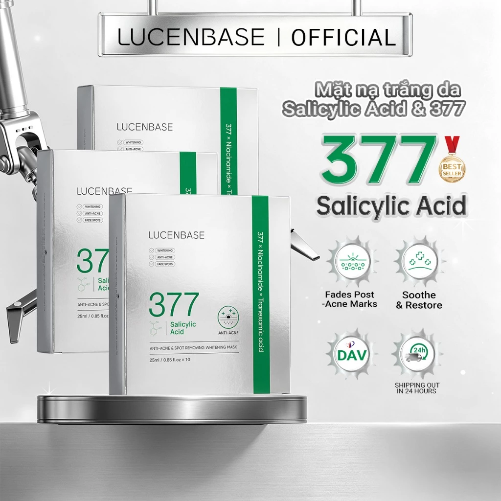 LUCENBASE 377 & Bộ mặt nạ làm trắng axit Salicylic (3 hộp / 30 tờ) -Dark Spot Corrector & Skin Brightening Sheet Mask
