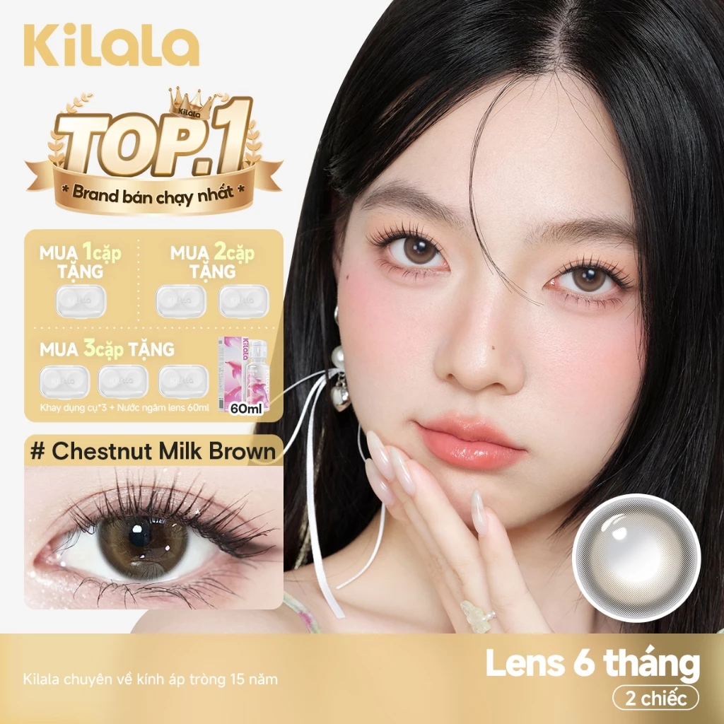 Kính áp tròng Kilala màu nâu Chestnut Milk Brown/Whiskey Brown lens cận 6 tháng DIA 14.2mm có độ (0-8) 1 cặp