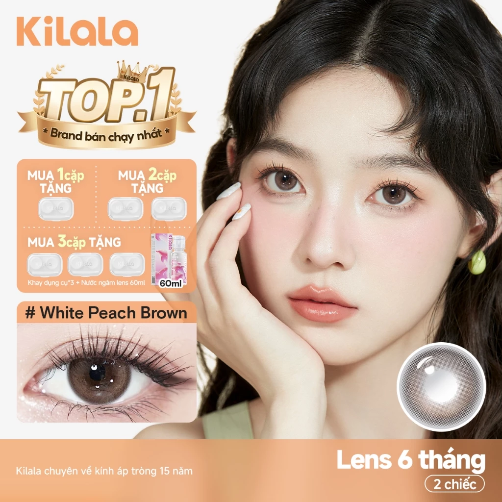 Kính áp tròng Kilala màu nâu White Peach Brown DIA 14.5mm lens cận 6 tháng có độ (0-8) 1 cặp