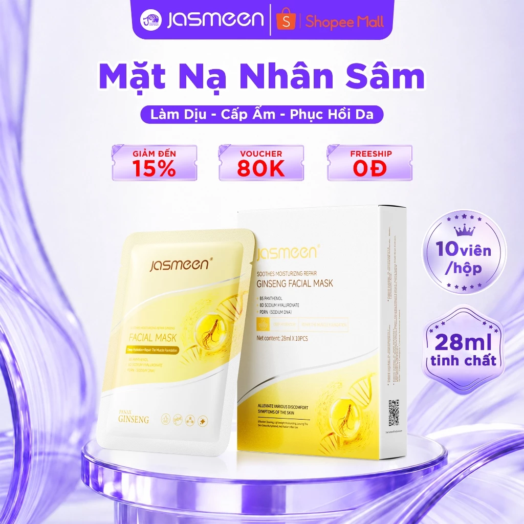 Mặt nạ nhân sâm làm dịu cấp ẩm phục hồi da JASMEEN 1 hộp 10 miếng
