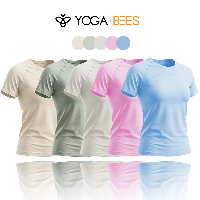 YOGA BEES Kết cấu vách ngăn Raglan Cổ tròn Áo thun thể thao ngắn tay cho nữ Nhanh khô Slim Fit Thoáng khí Tập thể dục Yoga Chạy tập dục Thể thao Top 5 màu