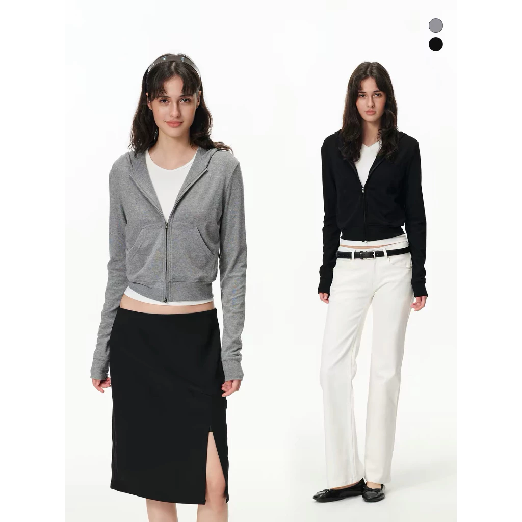 [Seeyou studio] 2026 Áo Hoodie crop cổ điển tối giản Hàn Quốc mới dành cho nữ, Áo khoác có mũ trùm đầu có khóa kéo nhẹ 6620