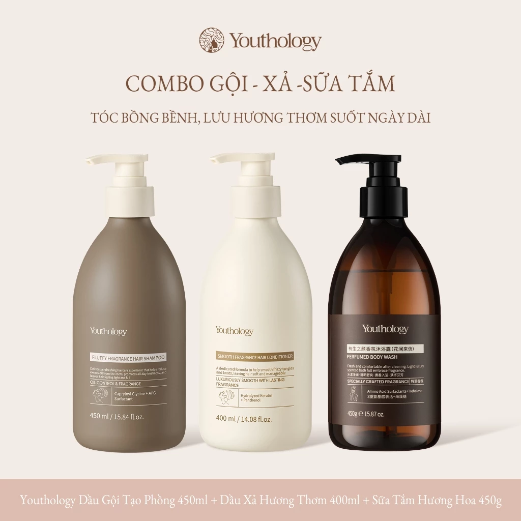 Youthology Bộ Chăm Sóc Tóc & Cơ Thể 3 Dầu Gội Volumising Dầu Xả Tắm Gel Lông Tơ Tóc Mịn Tóc Lâu Dài Hương Hoa