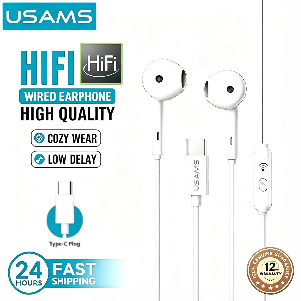 USAMS 2026 Tai nghe Type-C có dây mới Màu trắng tinh khiết, Mic & Âm lượng âm thanh nổi HiFi, phổ biến cho máy tính bảng điện thoại Samsung iP Moblie
