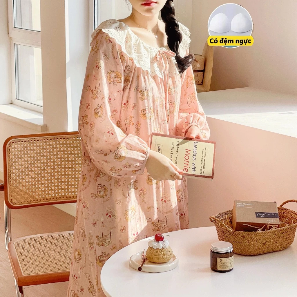 【Cotton nguyên chất + đệm ngực】Đầm ngủ dài tay cổ bèo xinh xắn, chất vải mịn mát, dáng dài thanh lịch, mặc ở nhà hay đi chơi đều đẹp, hot trend INS