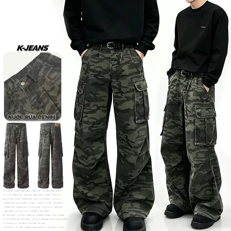 K-JEANS Quần Jean Cargo Nam Họa Tiết Camou Mỹ Chất Vải Cotton Dáng Vintage Streetwear Suông Thẳng Ống Rộng Baggy Thiết Kế Nhiều Túi Lớn Thời Trang Hiện Đại Phối Đồ Dễ Mặc Đi Chơi Dạo Phố Xu Hướng Hot Chất Vải Bền Thoáng Mát Không Ngứa Da