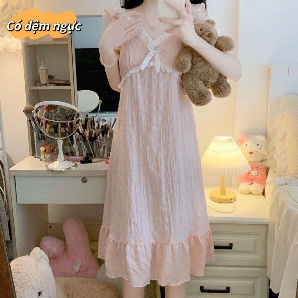 【Cotton nguyên chất - Có độn ngực】Váy ngủ mùa hè mới nhất - Quai mảnh ren xinh - Dáng dài - Phong cách công chúa ngọt ngào - Đồ ngủ tại nhà dễ thương - Dành cho nữ sinh, teen - Mẫu hot bán chạy - Free ship ✅ Giao hàng trong ngày