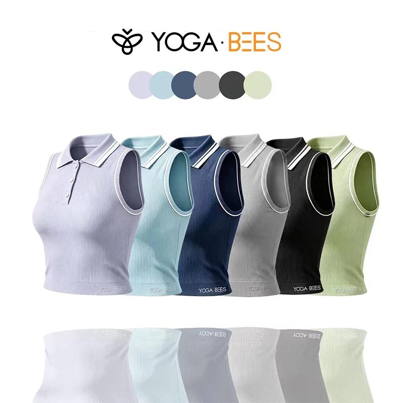 YOGA BEES Ribbed Không Tay Polo Crop Top Nữ Trắng Viền Ve Áo Nút Slim Fit Thể Thao Top Thoáng Khí Tập Yoga Thể Dục Hàng Ngày Áo Vest 6 Màu