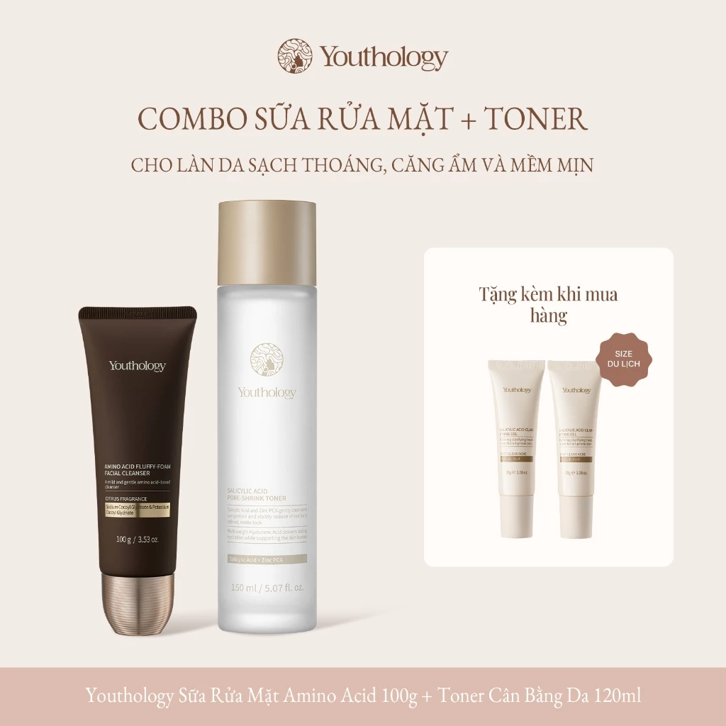 Youthology Bộ Đôi Sữa Rửa Mặt Amino Acid + Toner BHA 2% Làm Sạch Dầu Thừa Giảm Lỗ Chân Lông Cho Da Dầu Mụn