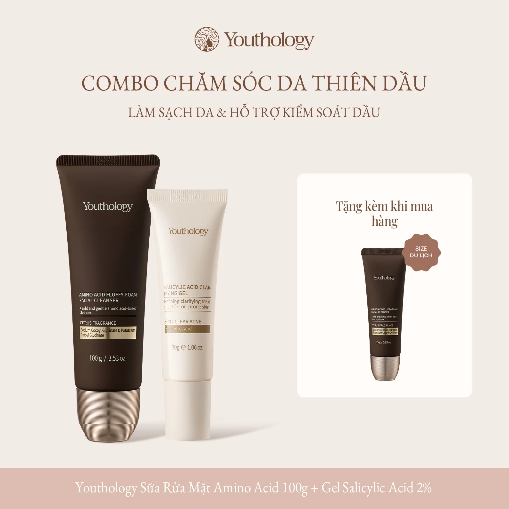 Youthology Combo Sữa Rửa Mặt Amino Acid + Gel Salicylic Acid 2% Làm Sạch Dầu Thừa, Hỗ Trợ Giảm Mụn Đầu Đen