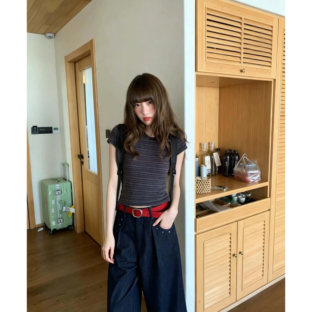 [Seeyou studio] Áo thun ngắn tay sọc tương phản kiểu Mỹ cổ điển, mùa hè đơn giản độc đáo đeo vai mỏng vừa vặn 6176