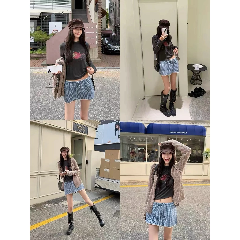 [Seeyou studio] Váy kẻ sọc thoáng khí thân thiện với da phong cách Gu-Miu, Váy Mini dây rút đa năng tối giản 6629