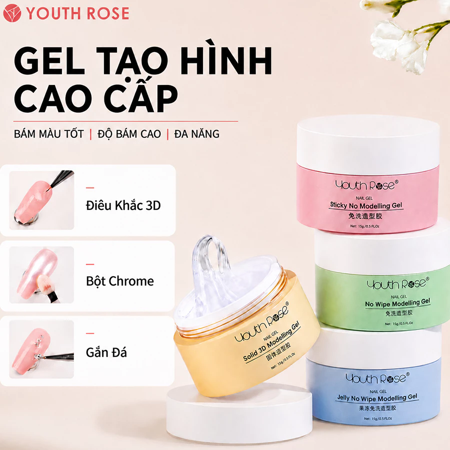 Youth Rose 15g Solid Builder UV Gel 3D Gel điêu khắc móng tay cho nghệ thuật móng tay không dính Gel cứng chạm khắc mở rộng
