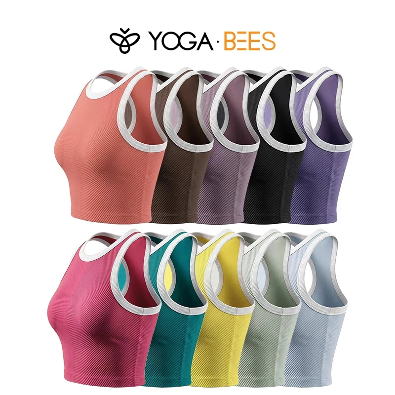 YOGA BEES Gân Trắng Viền Cổ Chữ U Crop Xe Tăng Thể Thao Top Nữ Tích Hợp Áo Ngực Có Đệm Không Tay Ôm Tập Yoga Chạy Bộ Tập Luyện Áo 10 Màu