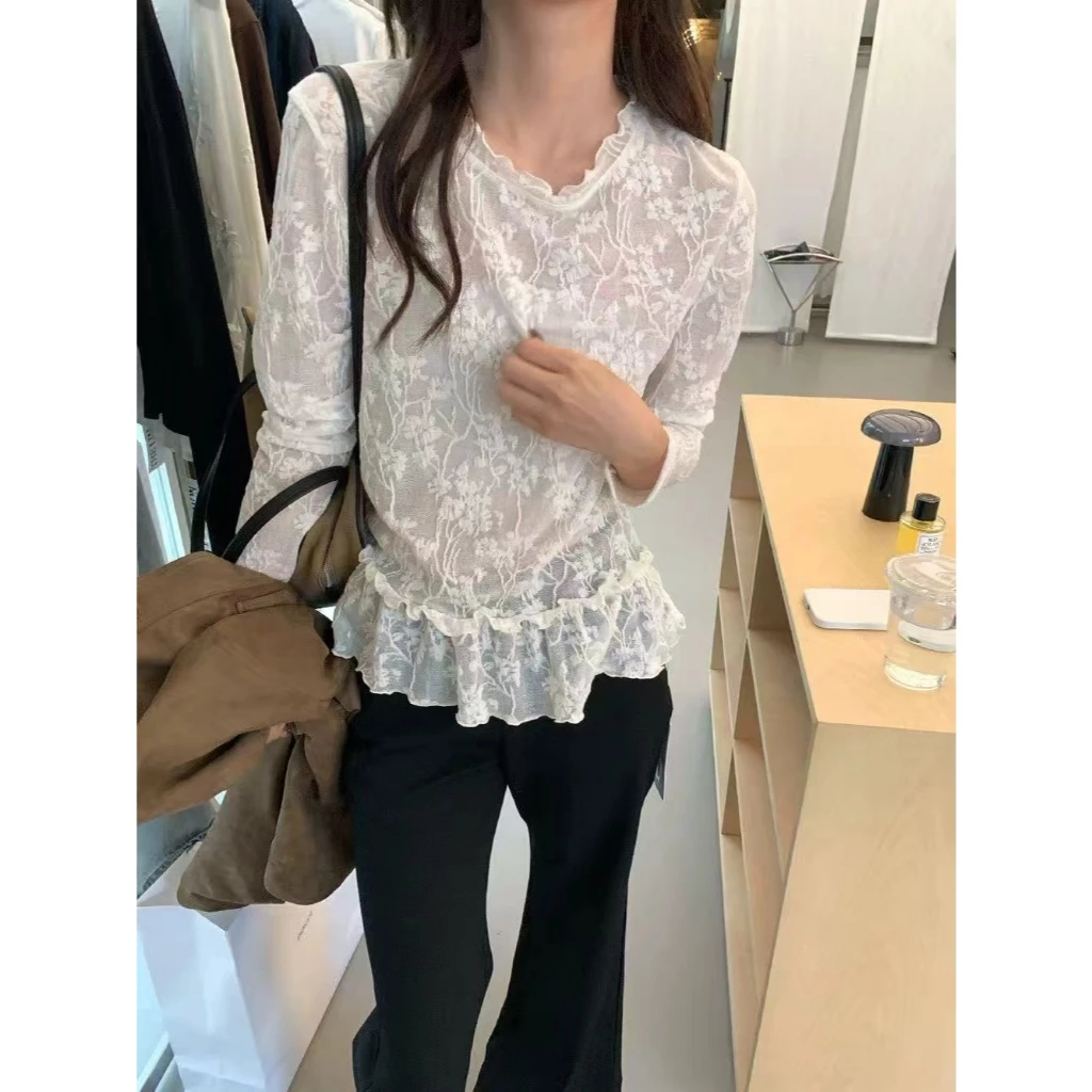 [Seeyou studio] Áo ren đa năng phong cách thuần khiết mùa thu mới, Áo ren nặng lãng mạn độc quyền có lưới xù thanh lịch6768