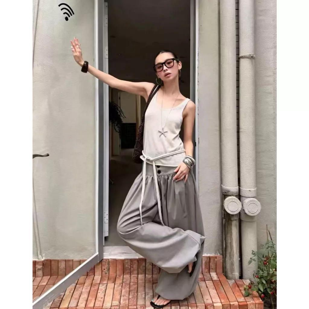 [Seeyou studio] Quần thường ngày màu trơn tối giản mùa thu mới, Quần bóng bay rách kiểu dáng lười biếng đa năng thời trang5952