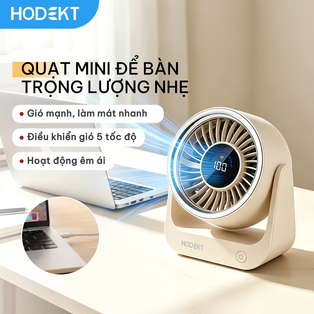 Quạt Mini Để Bàn HODEKT Màn Hình LED, Pin 3600mAh, Gió Mạnh 3.5m/s, 5 Tốc Độ, Siêu Êm 36dB, Sạc Type-C