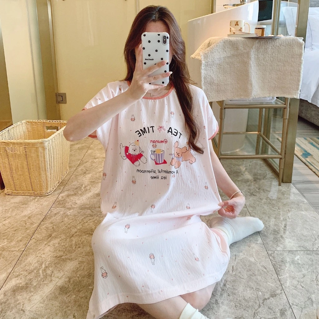 【Cotton - Size lớn】Đầm ngủ dài tay ngắn mùa hè – Rộng rãi cho người mũm mĩm – Chất mỏng mềm – Thoáng khí – Đồ mặc nhà nữ