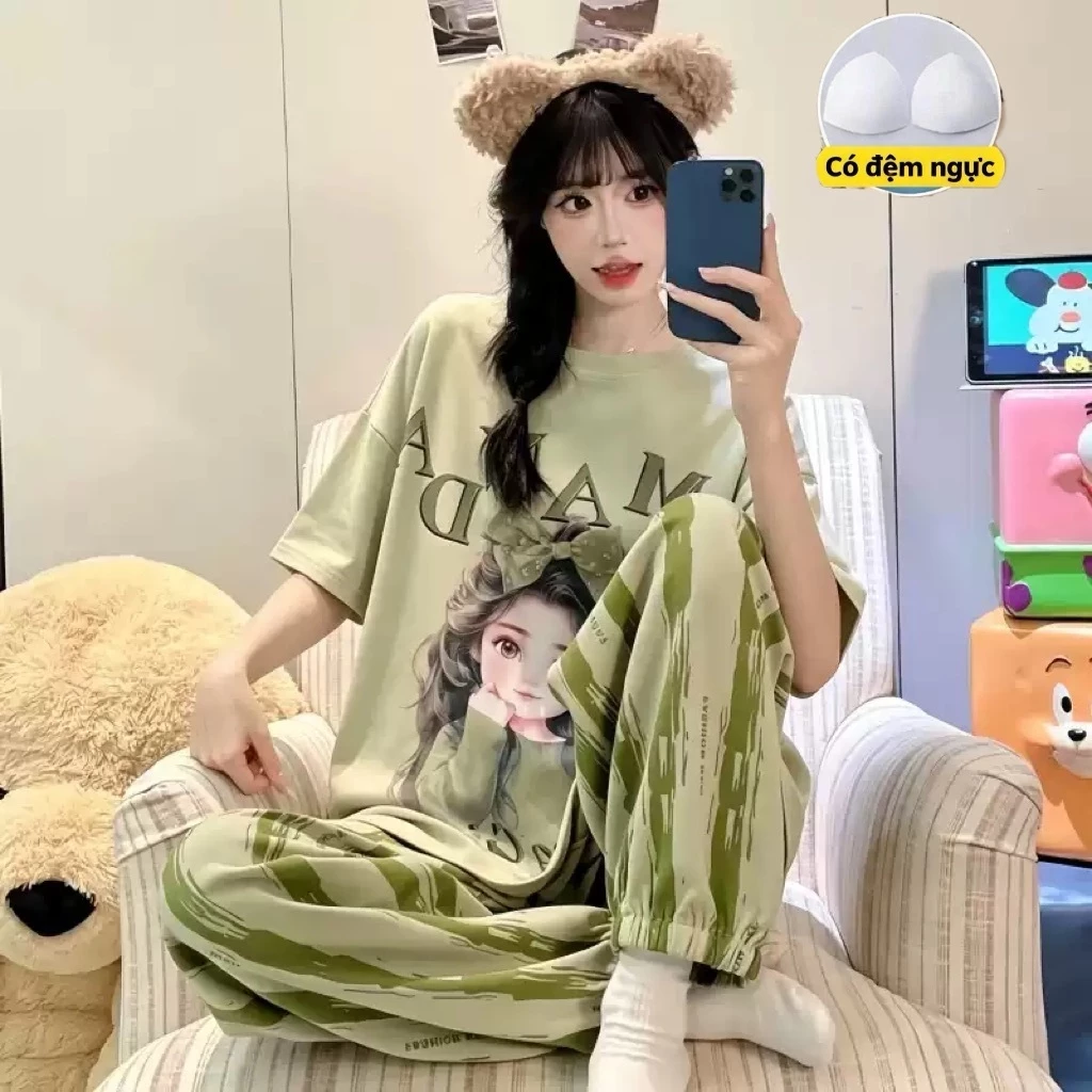 【100% Cotton Có Độn Ngực】Bộ Đồ Ngủ Tay Ngắn + Quần Dài Mùa Hè 🎀 Phong Cách Ngọt Ngào - Thời Trang - Dễ Thương ⭐ Dòng Thiếu Nữ / Nữ Sinh - Chất Liệu Mát Mịn - Đồ Mặc Nhà Cao Cấp