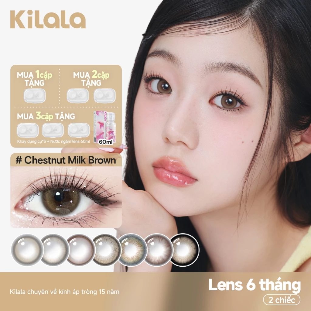 Kính áp tròng Kilala màu đen ChestnutMilkBrown/Wind Yay Brown/Mist Brown/Wild Fruit lens cận 6 tháng DIA 14.2mm có độ (0-7) 1 cặp.